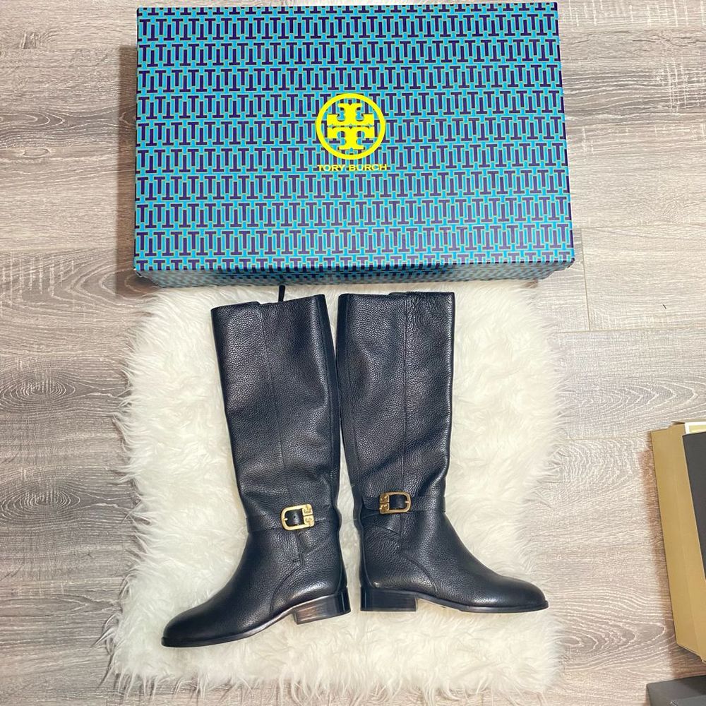 Tory Burch Black Ankle Boots with Gold Buckle